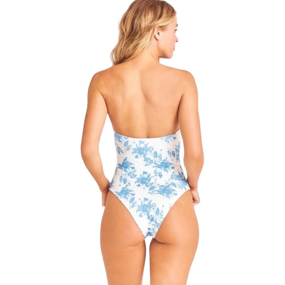 LoveShackFancy Baylor One Piece Swimsuit Medium Blue White Floral Bandeau - Picture 2 of 9